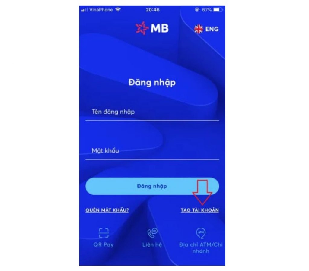 Mở ứng dụng MB BANK và nhấn "Tạo tài khoản" để bắt đầu