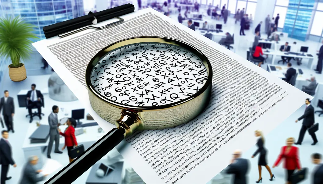 Legal document with financial symbols and a magnifying glass.