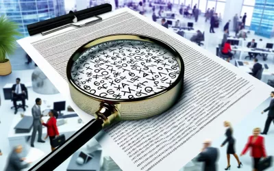 Legal document with financial symbols and a magnifying glass.